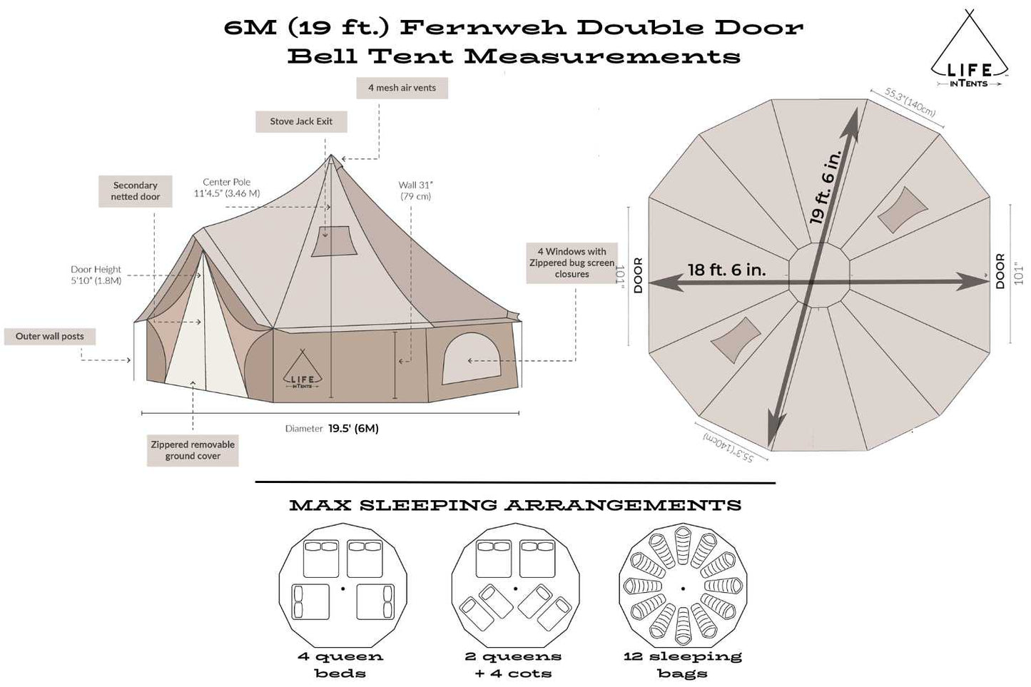 Life In Tents Bell Tent 19 (6m) Fernweh™ Double-Door Bell Tent