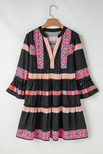 Load image into Gallery viewer, Simply Taupe Ethnic Print Buttoned V Neck Bell Sleeve Ruffle Patchwork Dress