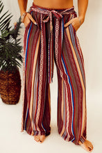 Load image into Gallery viewer, Red Boho Ethnic Striped Print Tie Waist Wide Leg Pants