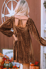 Load image into Gallery viewer, Brown Tie Back Square Neck Velvet Babydoll Dress