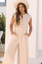 Load image into Gallery viewer, Smoke Gray Textured Buttoned Wide Leg Sleeveless Jumpsuit