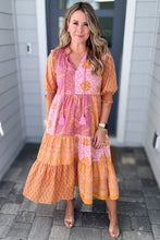 Load image into Gallery viewer, Pink Boho Paisley Floral Mixed Patchwork Tassel Tie Plus Size Midi Dress