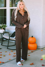 Load image into Gallery viewer, Brown Ribbed Knit Collared Henley Top and Pants Lounge Outfit