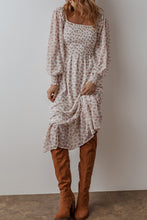 Load image into Gallery viewer, White Floral Print Shirred Ruffled Hem Square Neck Midi Dress