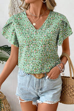 Load image into Gallery viewer, Green Boho Floral V Neck Wrap Short Sleeve Blouse