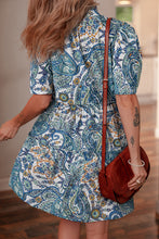 Load image into Gallery viewer, Blue Bohemian Paisley Floral V Neck Short Sleeve Mini Dress