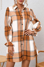 Load image into Gallery viewer, Khaki Plaid Pattern Collared Neck Ruffled Sleeve Shirt Dress