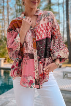 Load image into Gallery viewer, Red Boho Geometric Mixed Print Patchwork Bubble Sleeve Shirt