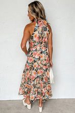 Load image into Gallery viewer, Black Boho Floral Print Knotted Halter Ruffled Maxi Dress