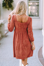 Load image into Gallery viewer, Brown Suede Square Neck Puff Sleeve Dress