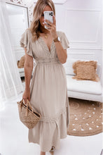 Load image into Gallery viewer, Oatmeal Lace V Neck Ruffled Sleeve Empire Waist Dress