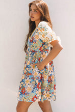 Load image into Gallery viewer, Multicolour Boho Floral Print Crochet Patchwork V Neck Loose Mini Dress