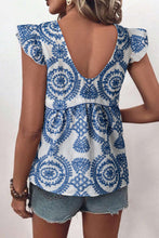 Load image into Gallery viewer, Blue Boho Print Flutter Sleeve Crew Neck Blouse