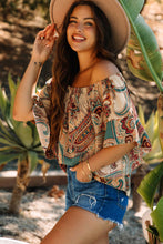 Load image into Gallery viewer, Apricot Paisley Printed Shirred Off Shoulder Ruffled Draped Sleeve Blouse