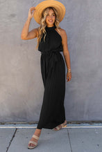 Load image into Gallery viewer, Black Halter Neck Pleated Wide Leg Jumpsuit with Belt