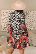 Load image into Gallery viewer, Black Retro Floral Mixed Print Split Neck A-line Dress