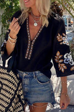 Load image into Gallery viewer, Black Bohemian Floral Embroidered V Neck Blouse