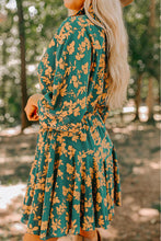 Load image into Gallery viewer, Green Floral Print Drawstring Tunic Flowy Short Dress