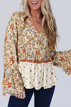 Load image into Gallery viewer, Yellow Printed Floral Bell Sleeve V Neck Wrapped Contrast Peplum Blouse