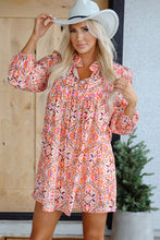 Load image into Gallery viewer, Khaki Abstract Printed Long Sleeve Tied Neckline Mini Dress
