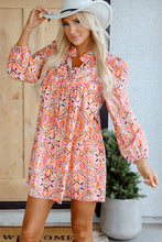 Load image into Gallery viewer, Khaki Abstract Printed Long Sleeve Tied Neckline Mini Dress