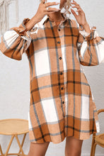 Load image into Gallery viewer, Khaki Plaid Pattern Collared Neck Ruffled Sleeve Shirt Dress