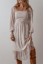 Load image into Gallery viewer, White Floral Print Shirred Ruffled Hem Square Neck Midi Dress