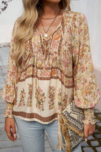 Load image into Gallery viewer, Yellow Floral Print Tie Neck Lantern Sleeve Blouse