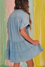 Load image into Gallery viewer, Beau Blue Mineral Wash Crinkle Split Neck Raw Hem Tiered Dress