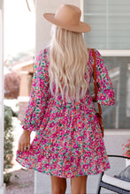 Load image into Gallery viewer, Purple Smocked V Neck Puffy Sleeve Floral Dress