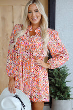 Load image into Gallery viewer, Khaki Abstract Printed Long Sleeve Tied Neckline Mini Dress
