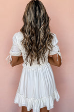 Load image into Gallery viewer, White Tie Short Sleeves Smocked Ruffle Mini Dress