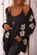 Load image into Gallery viewer, Black Floral Print Knitted Open Front Loose Cardigan