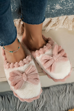 Load image into Gallery viewer, Fushia Bow Decor Color Block Ribbed Plush Slippers