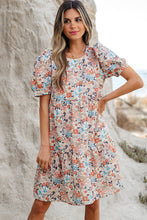 Load image into Gallery viewer, Apricot Bohemian Floral Print Short Puff Sleeve Mini Dress