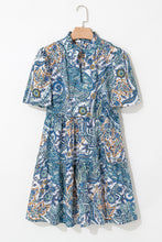 Load image into Gallery viewer, Blue Bohemian Paisley Floral V Neck Short Sleeve Mini Dress