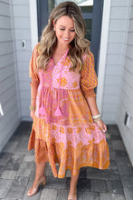 Load image into Gallery viewer, Pink Boho Paisley Floral Mixed Patchwork Tassel Tie Plus Size Midi Dress