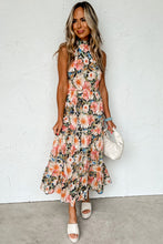 Load image into Gallery viewer, Black Boho Floral Print Knotted Halter Ruffled Maxi Dress