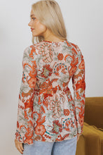Load image into Gallery viewer, Orange Floral Print Deep V Neck Knot Bell Sleeve Blouse