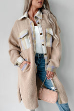 Load image into Gallery viewer, Smoke Gray Plaid Patchwork Collared Button-up Sherpa Long Coat