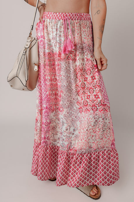 Red Boho Pattern Print Tassel Drawstring High Waist Maxi Dress