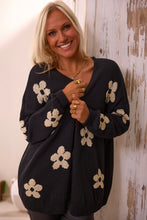 Load image into Gallery viewer, Black Floral Print Knitted Open Front Loose Cardigan