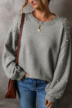 Load image into Gallery viewer, Smoke Gray Pearled Drop Shoulder Round Neck Sweater
