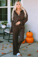 Load image into Gallery viewer, Brown Ribbed Knit Collared Henley Top and Pants Lounge Outfit