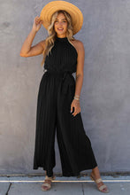 Load image into Gallery viewer, Black Halter Neck Pleated Wide Leg Jumpsuit with Belt