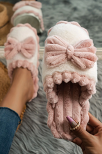 Load image into Gallery viewer, Fushia Bow Decor Color Block Ribbed Plush Slippers