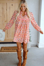 Load image into Gallery viewer, Khaki Abstract Printed Long Sleeve Tied Neckline Mini Dress