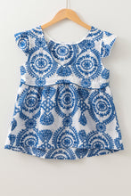 Load image into Gallery viewer, Blue Boho Print Flutter Sleeve Crew Neck Blouse