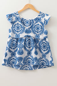 Blue Boho Print Flutter Sleeve Crew Neck Blouse
