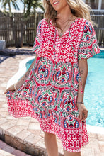 Load image into Gallery viewer, Pink Bohemian Print Tie Neck Ruffle Hem Short Dress